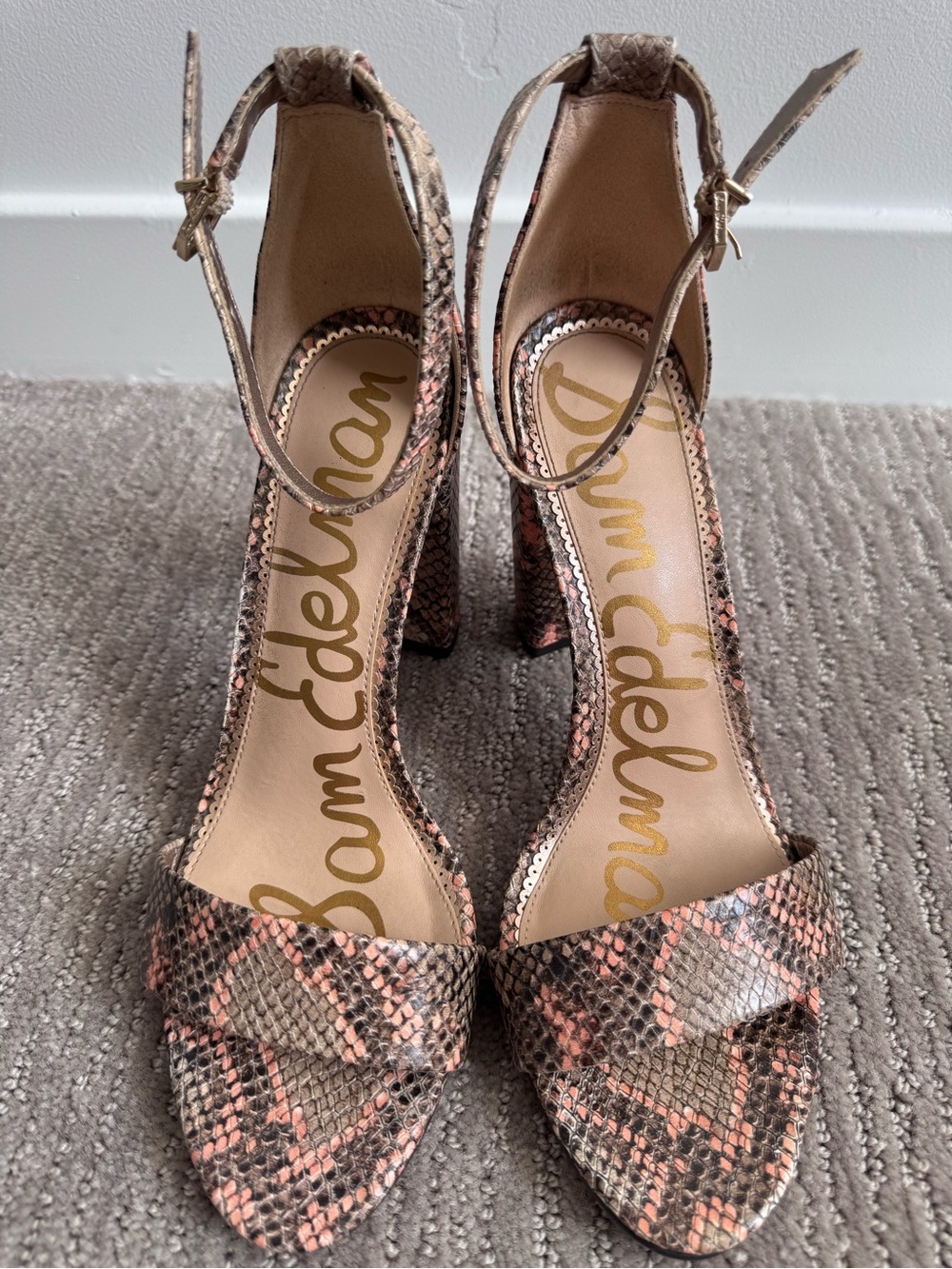 Sam Edelman Yaro Snake Print Block Heel Sandals Ankle Strap Pink Beige Size 9